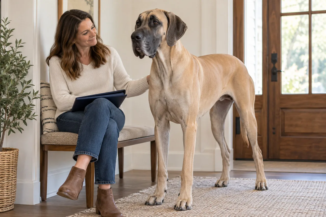 Owner holding a folder beside a large dog at home